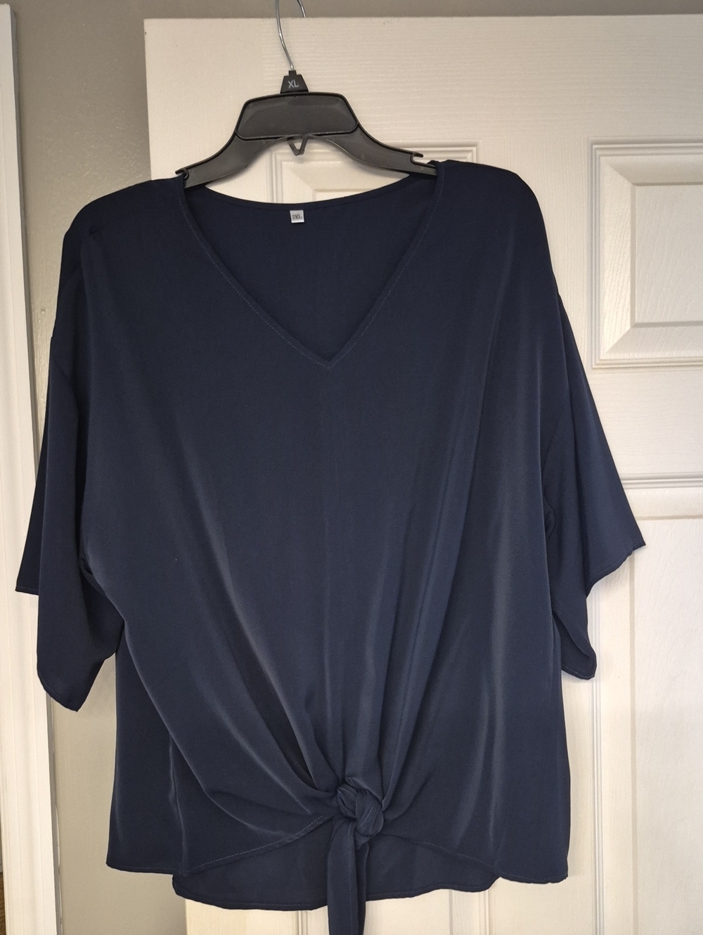 Casual V-Neck Tie-Front Blouse - Navy